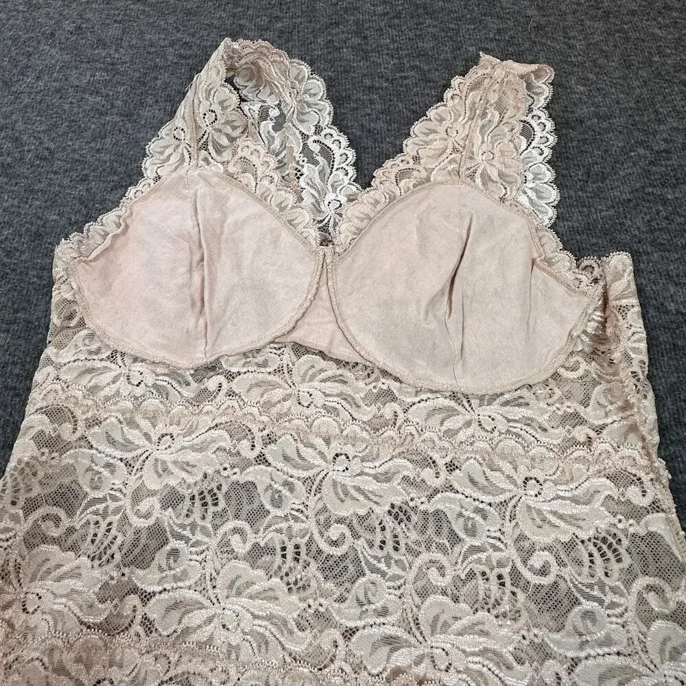 Vintage Womens XL Beige Neutral Cream Lace Semi-Sheer V Neck Tank Top Cami - Picture 9 of 9